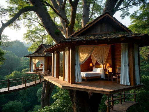 Elevated treehouse accommodation in the Amazon rainforest connected by suspension bridges
