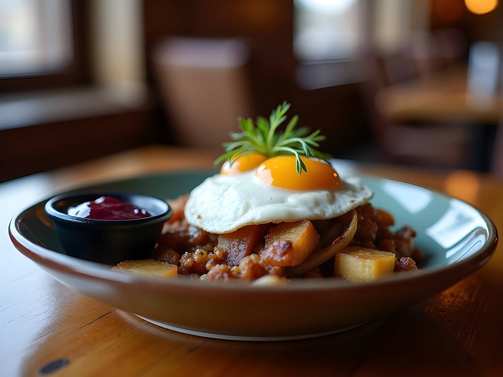 Gourmet bison hash breakfast with huckleberry ketchup at The Wyoming Inn's Whistling Grizzly restaurant