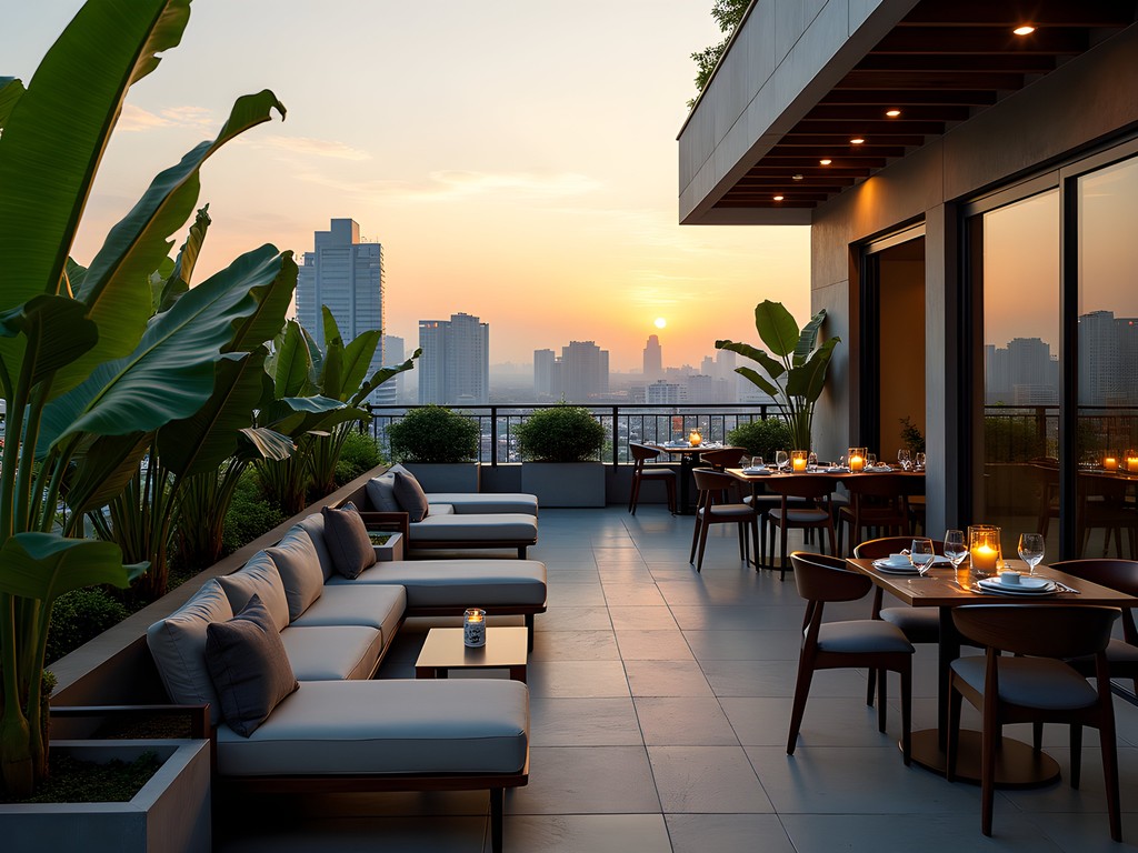 Kosenda Hotel's lush rooftop Awan Lounge with Jakarta skyline view at sunset