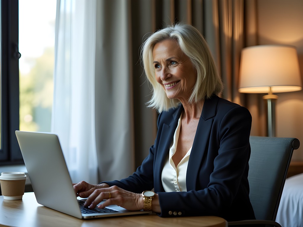 Professional business traveler working at boutique hotel desk with laptop and coffee in Kansas City