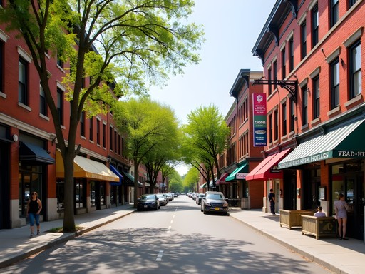 Historic Westport neighborhood Kansas City with brick buildings and local businesses