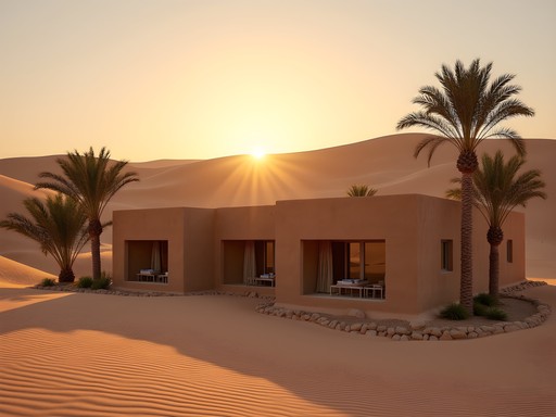 Eco-luxury desert accommodation built from local materials blending into Siwa Oasis landscape at sunset