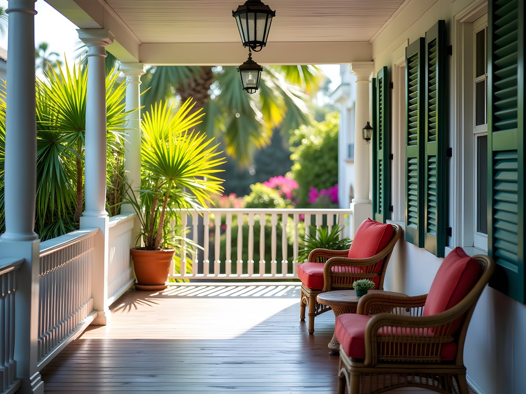 Tropical veranda with white railing overlooking lush garden at The Gardens Hotel in Key West