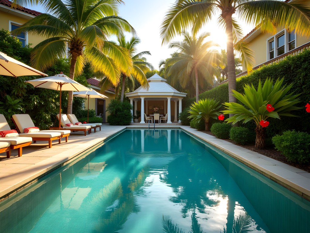 Secluded swimming pool surrounded by tropical plants and palm trees at luxury Key West hotel
