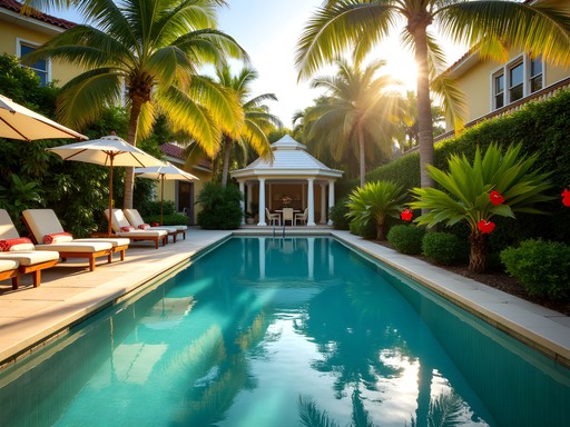Secluded swimming pool surrounded by tropical plants and palm trees at luxury Key West hotel