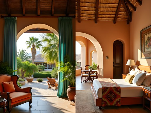Split image showing tropical luxury details from Key West hotel alongside minimalist desert luxury elements from Siwa Oasis