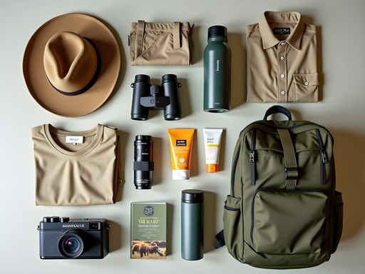 Essential safari packing items laid out including binoculars, field guide, and neutral clothing