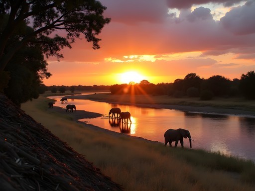 Sunset view from Lower Sabie rest camp overlooking Sabie River with elephants