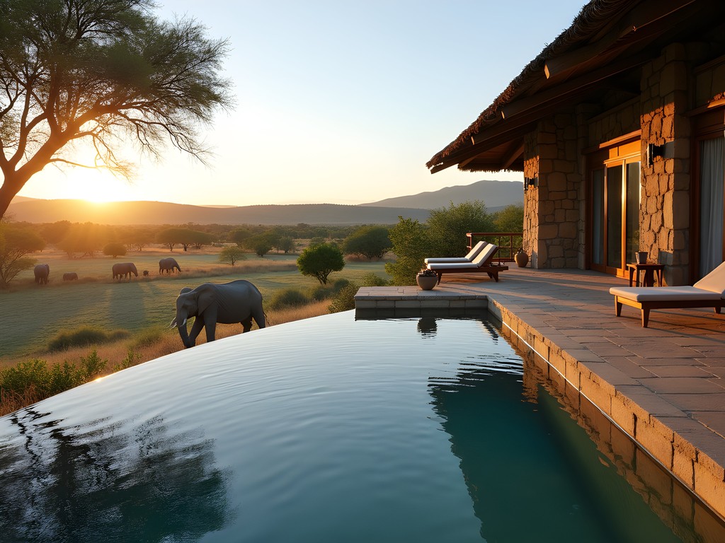Luxury safari lodge infinity pool overlooking waterhole with elephants in Sabi Sands