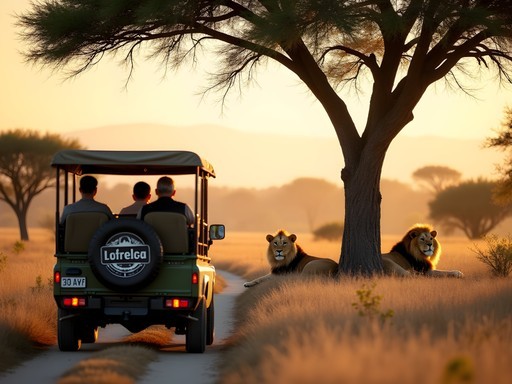Open safari vehicle approaching lions in private concession, Kruger National Park