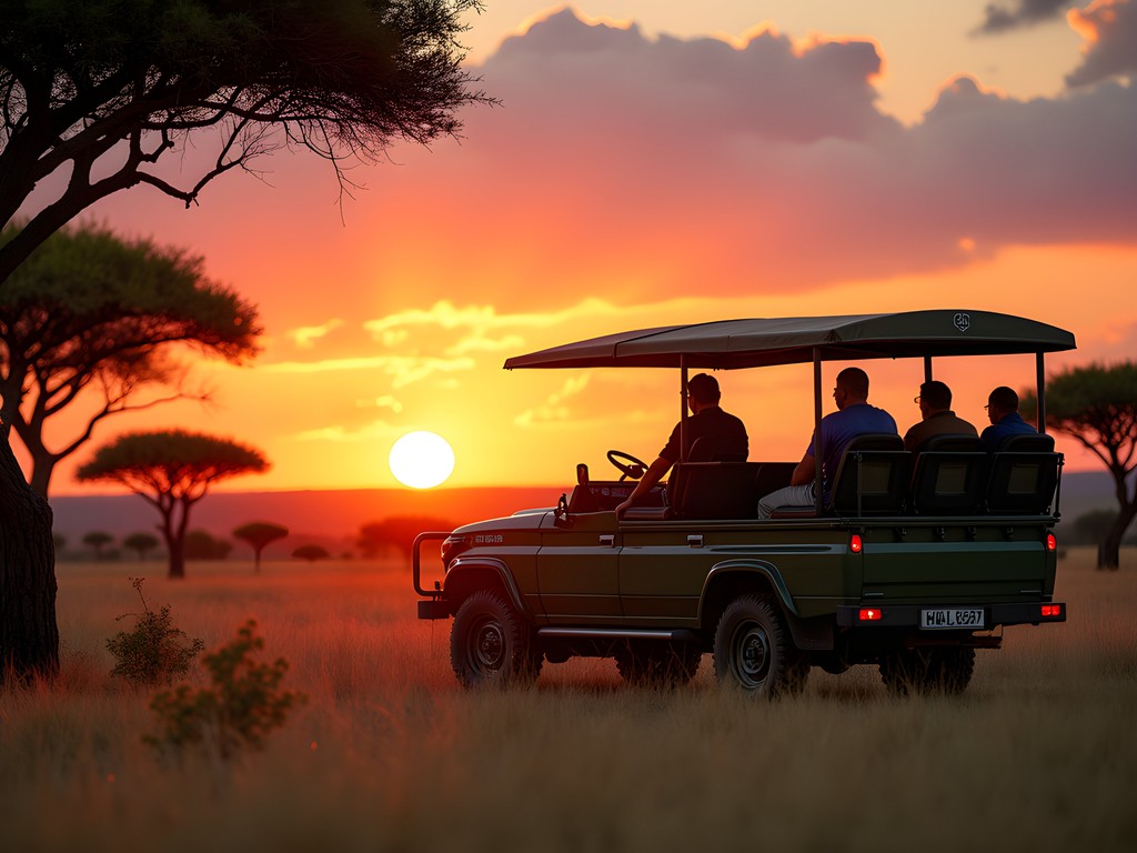 Woman enjoying sunrise game drive in open safari vehicle in Kruger National Park