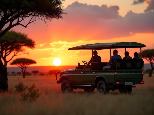Woman enjoying sunrise game drive in open safari vehicle in Kruger National Park