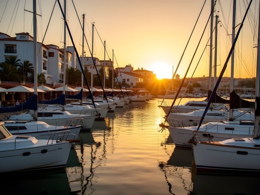 Sunset over Lagos Marina with boats and waterfront restaurants