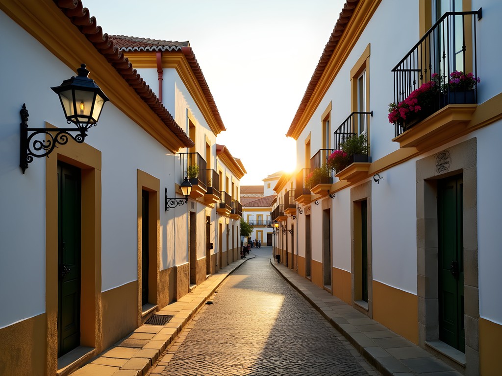 Sunrise over whitewashed buildings in Lagos Old Town with narrow cobblestone streets