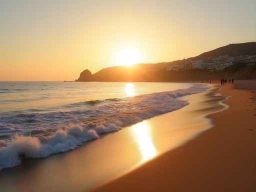 Sunset over Meia Praia beach in Lagos with golden sand and calm Atlantic waters