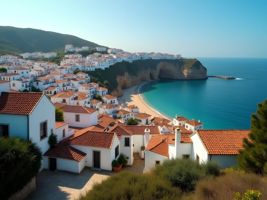 Panoramic view of Praia da Luz village with whitewashed buildings and crescent beach