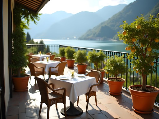 Boutique hotel terrace in Bellagio with lake views and breakfast setting
