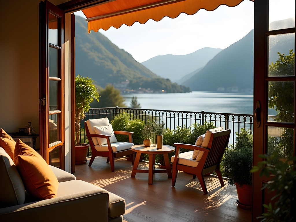 Modern apartment balcony in Menaggio with lake view and outdoor dining setup