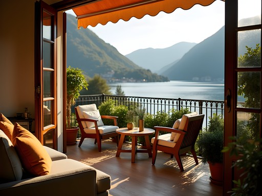 Modern apartment balcony in Menaggio with lake view and outdoor dining setup
