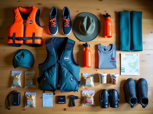 Organized family adventure gear laid out for Hells Canyon expedition