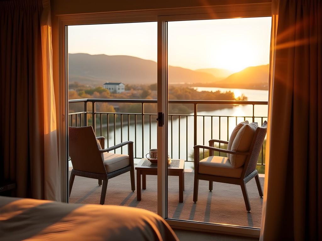 Sunrise view of the Snake River from a Lewiston hotel room balcony