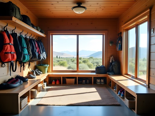 Well-organized gear room in a Lewiston vacation rental with river equipment