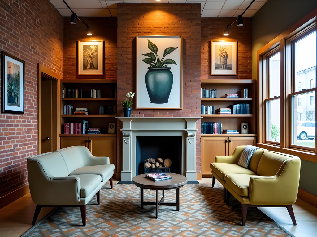 Stylish boutique hotel lobby with local art in Lewiston, Maine