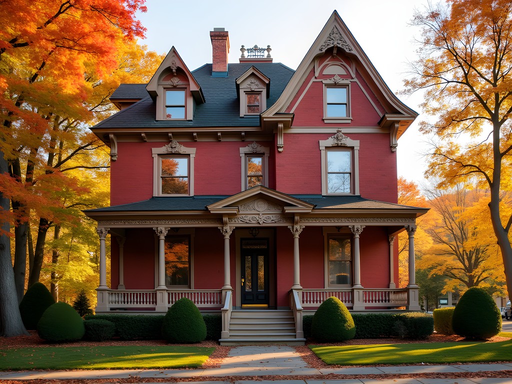Victorian bed and breakfast with fall foliage in Lewiston, Maine