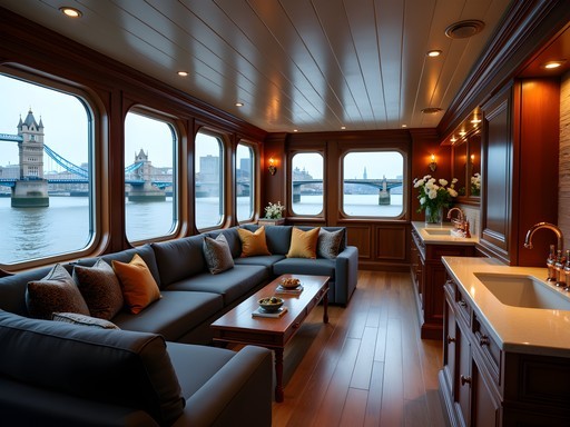 Luxury houseboat interior with panoramic Thames views