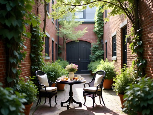 Brick-walled garden breakfast setting at Appleton Mills B&B in Lowell