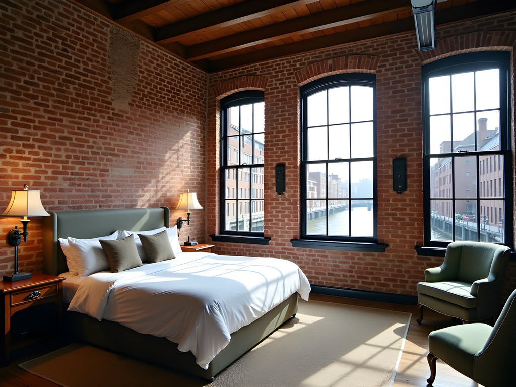 Rustic-luxe suite interior at Boott Cotton Mills with exposed brick and river view