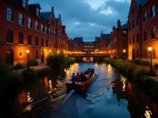 Evening canal boat tour passing illuminated historic mill buildings in Lowell