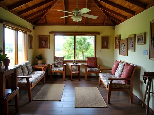 Interior of a family-run guesthouse in Majuro showing traditional elements and simple accommodations