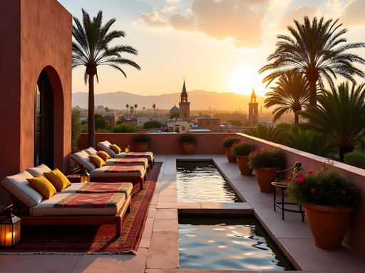 Luxury riad rooftop terrace in Marrakech with panoramic views of the medina and Atlas Mountains at sunset