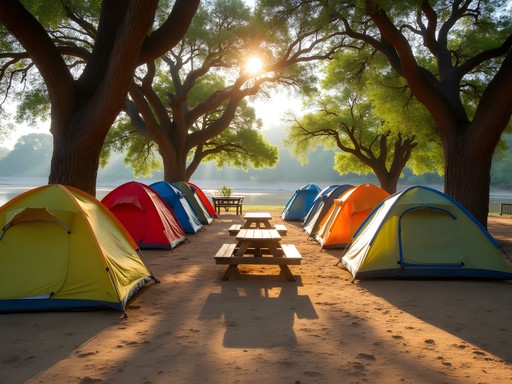 Campsite at Old Bridge Backpackers in Maun with tents under acacia trees