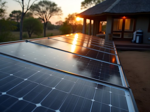 Solar panel array and water filtration system at luxury Okavango Delta lodge