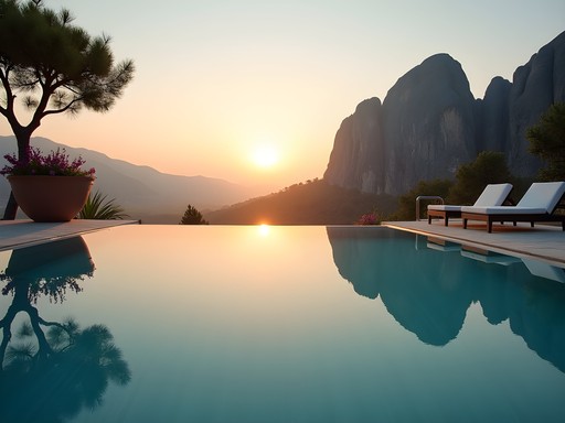 Infinity pool at Divani Meteora Hotel with rock formations in background
