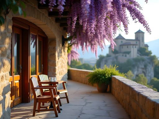 Stone balcony at Doupiani House with monastery views framed by climbing plants