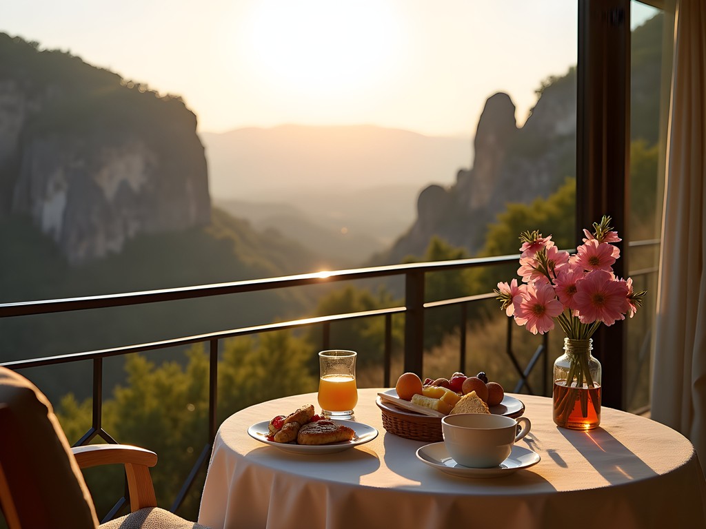 Breakfast setup on private hotel balcony overlooking Meteora rock formations