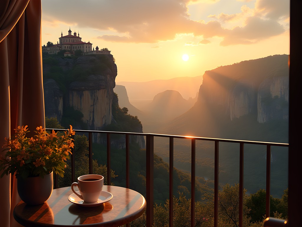 Sunrise view of Meteora rock formations and monasteries from hotel balcony