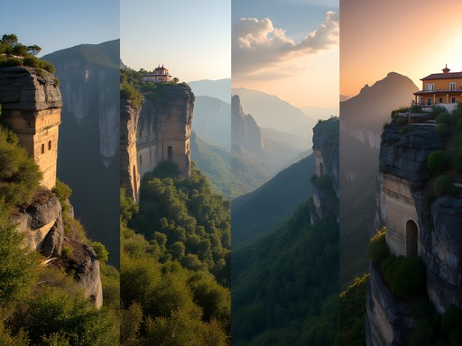 Comparison of views from four different Meteora hotels showing different perspectives
