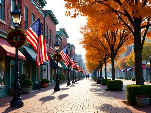 Middletown's historic Main Street lined with colorful autumn trees and brick sidewalks