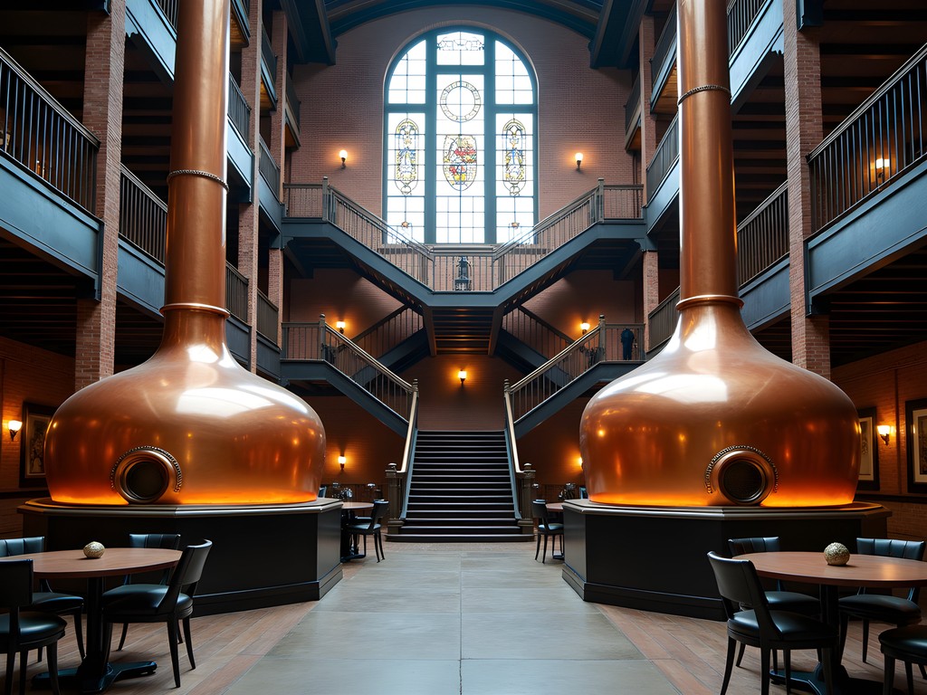 Historic copper brewing kettles preserved in the atrium of The Brewhouse Inn & Suites in Milwaukee