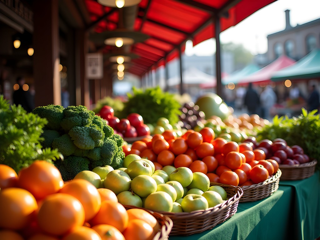 Fresh local produce displays at Jean-Talon Market in Montreal during summer