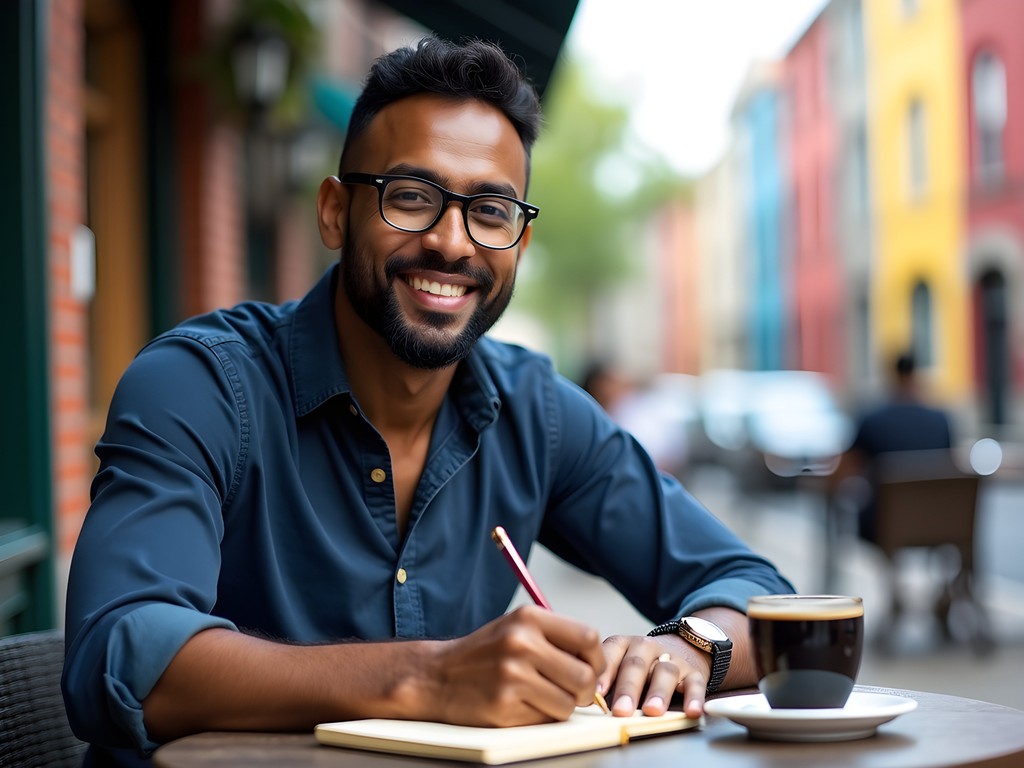 African American researcher taking notes at outdoor cafe in Montreal's Plateau neighborhood