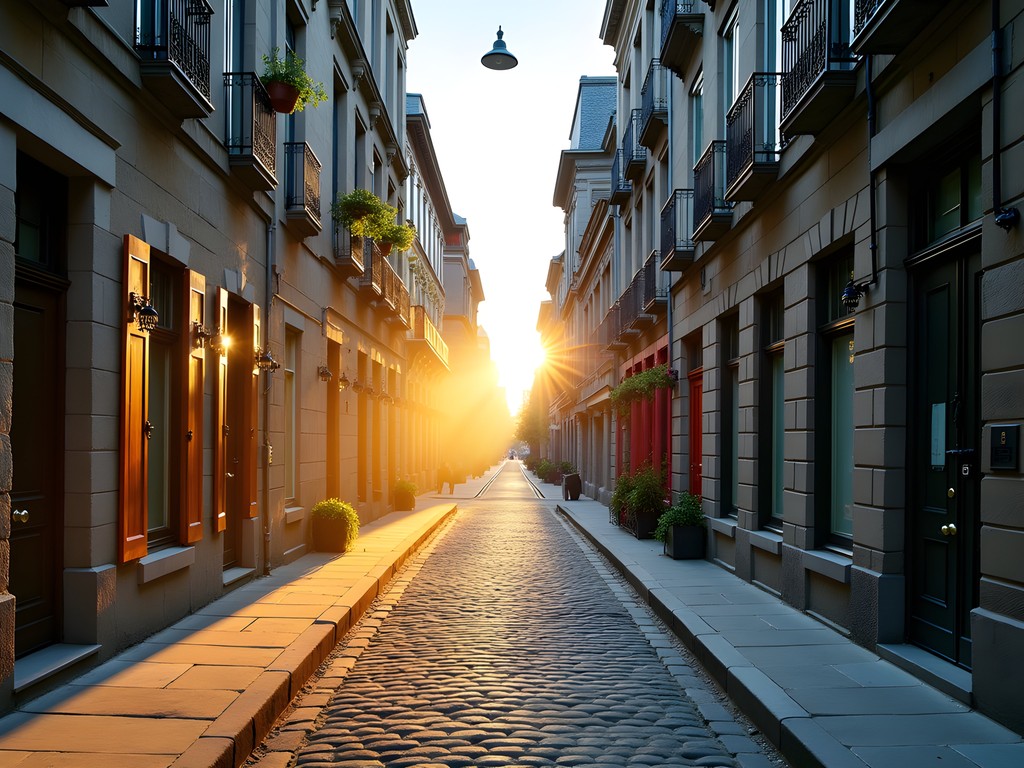 Early morning sunlight on empty cobblestone streets in Old Montreal with historic buildings