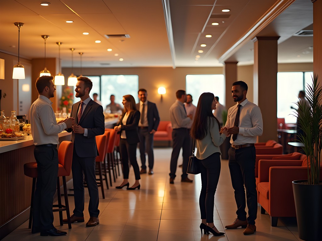 Business travelers networking at hotel evening reception in Moore, Oklahoma