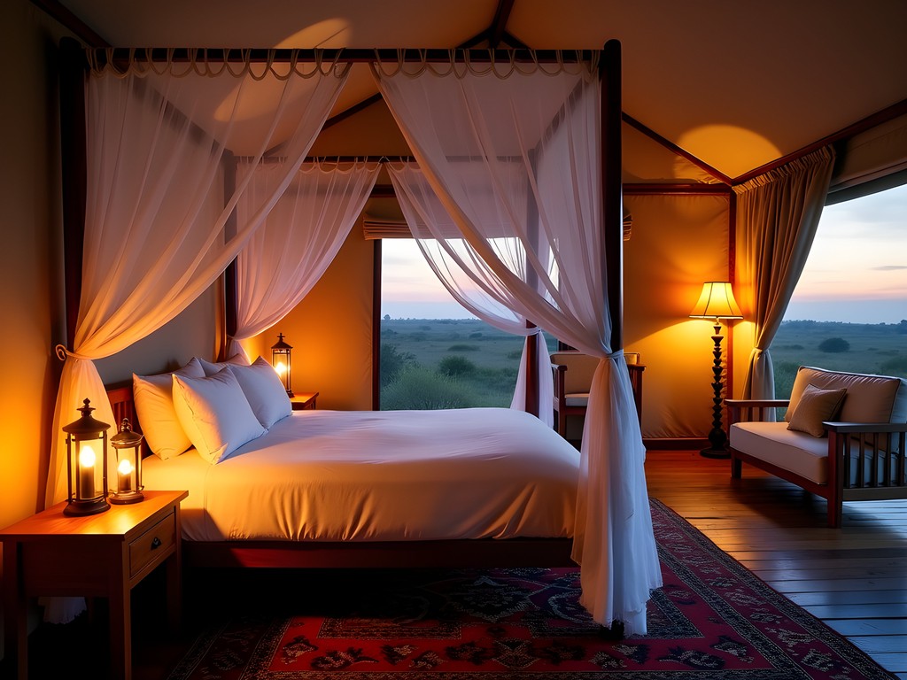 Interior of luxury safari tent with four-poster bed and view of Lake Nakuru sunset