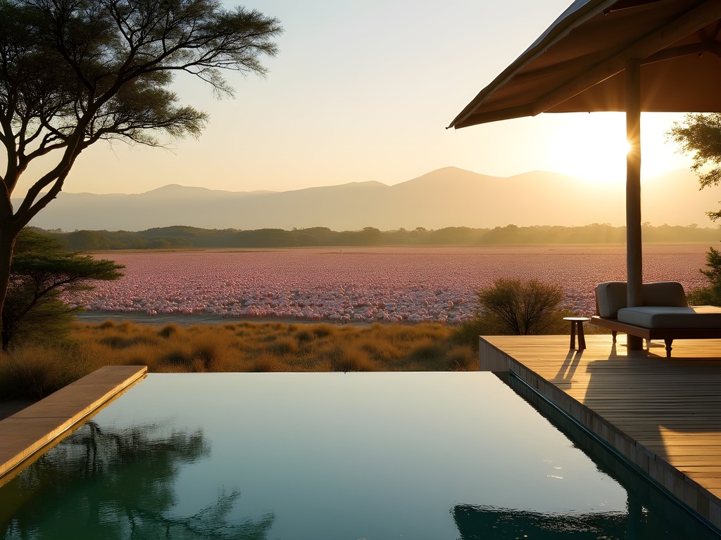 Luxury safari tent with infinity pool overlooking Lake Nakuru and flamingos