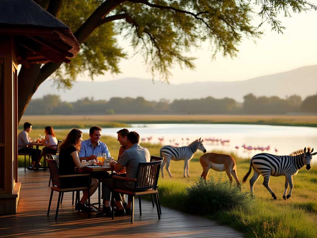 Safari lodge terrace overlooking Lake Nakuru with wildlife in foreground